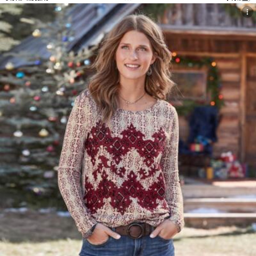 Sundance Neva Tapestry Top Long Sleeve Beaded Burgundy Ivory M Blouse T136